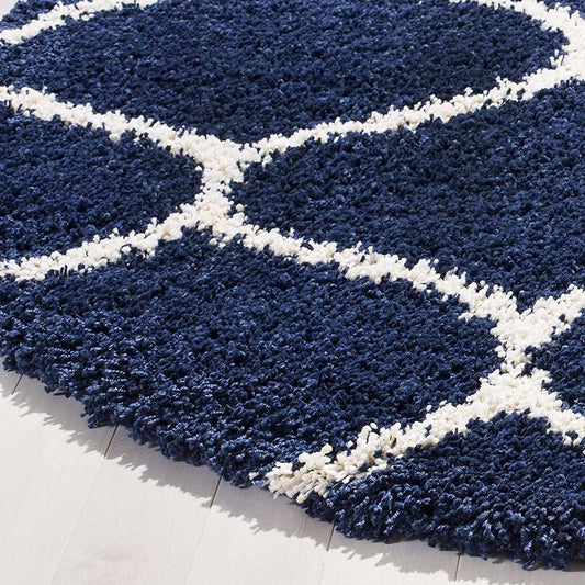 Blue White Artisan Round Shaggy Carpet