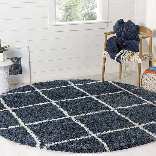 Blue White Harmony Round Shaggy Carpet & Rug
