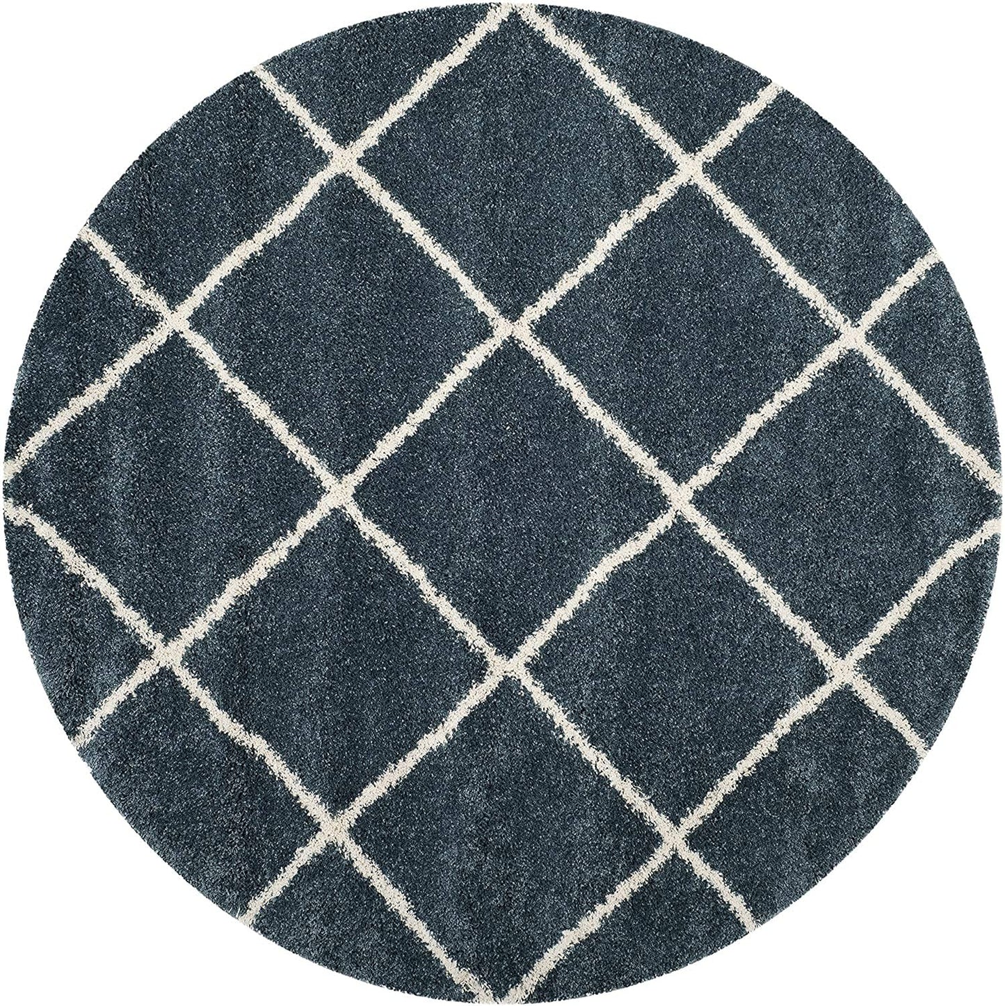 Blue White Harmony Round Shaggy Carpet & Rug
