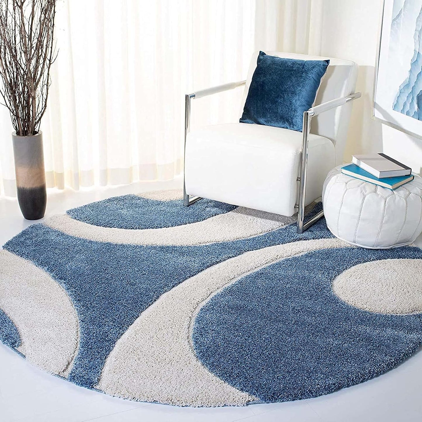 Blue White Mosaic Round Shaggy Carpet