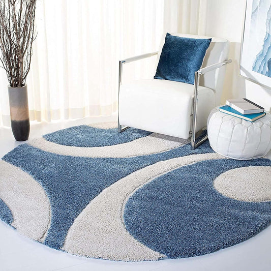 Blue White Mosaic Round Shaggy Carpet