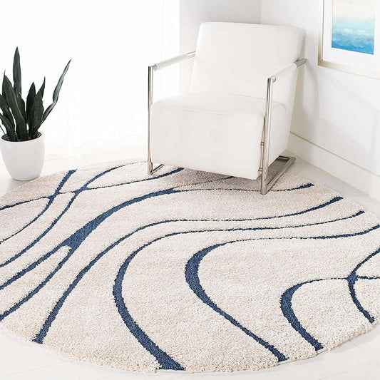 White Blue Luxe Round Shaggy Carpet