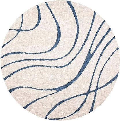 White Blue Luxe Round Shaggy Carpet