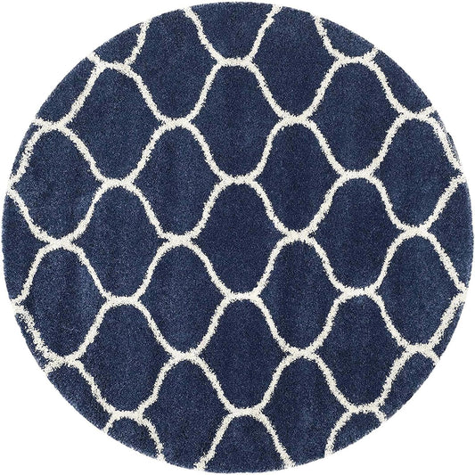 Blue White Artisan Round Shaggy Carpet