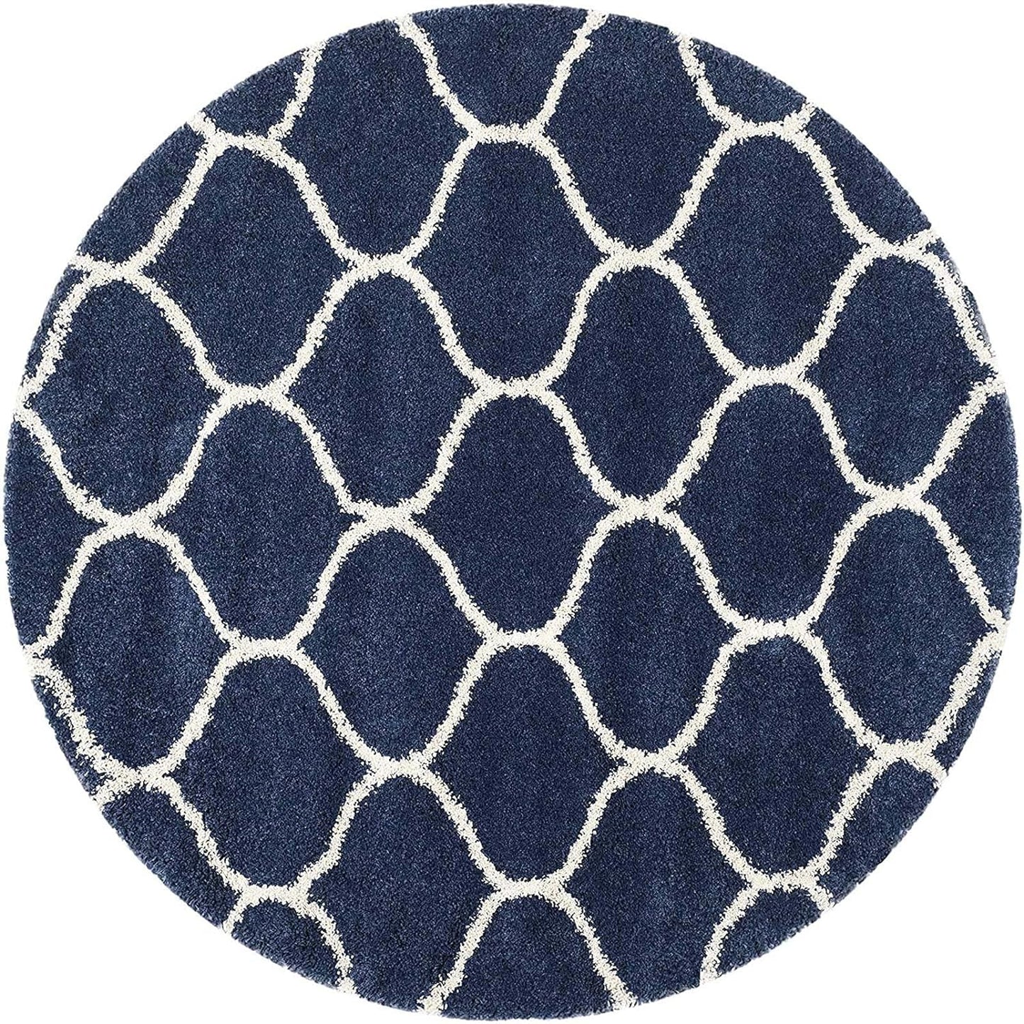 Blue White Artisan Round Shaggy Carpet