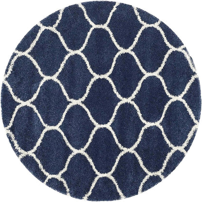 Blue White Artisan Round Shaggy Carpet